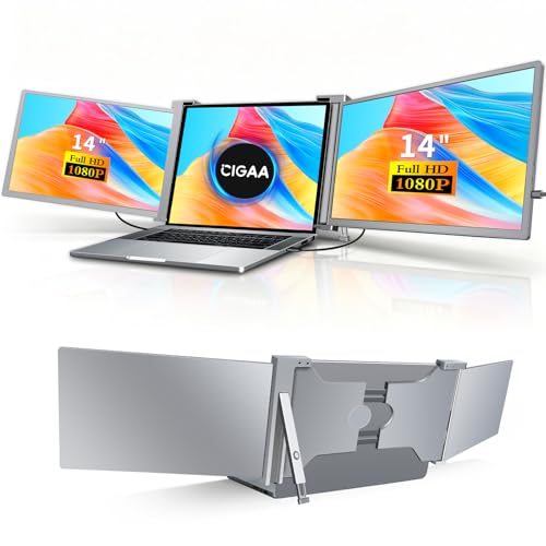 CIGAA Triple Laptop Screen Extender Monitor: 14" FHD 1080P Portable Monitor | Plug & Play Design for Extender 2 screens laptop Compatible with MacOS Windows Android for Laptops 14"-17.3"