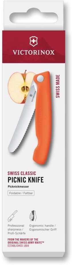 Victorinox Swiss Classic 4 Inch Folding Picnic Knife for Hiking, Fruits, Vegetables, Rolls, Sausage, Serrated Blade, Orange