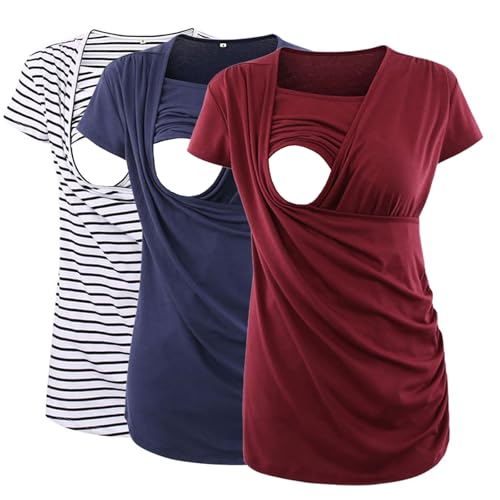 Image of Ecavus 3PCS Women's Maternity Nursing Tops for Breastfeeding Short Sleeve Side Ruched Nursing Shirts