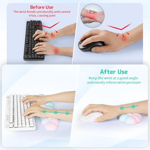 Image of Sushret Cloud Wrist Rest Keyboard, Cloud Keyboard Wrist Pad Set with PU Leather Memory Foam, Cute Arm Rest for Palm Support, PC /Gaming Desk Accessories /Office Setup /Computer Hand Cushion - Rainbow