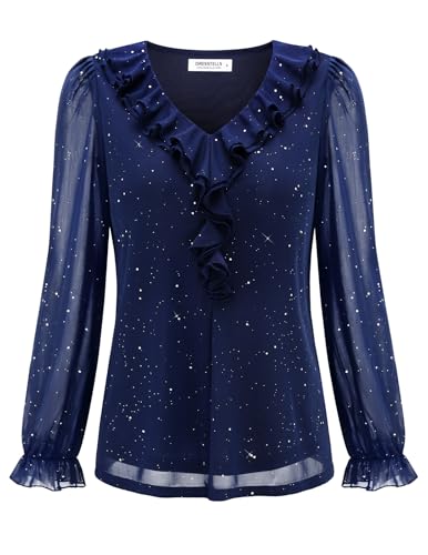 DRESSTELLS Women's Sequin Tops Ruffle V Neck Long Sleeve Double Layers Mesh Sparkly Blouses for Party4