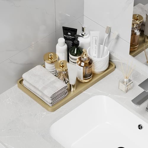 Image of Weenson Gold Bathroom Vanity Tray for Countertop Decor Perfume Makeup Toiletries Toilet Tank, Large Bamboo Kitchen Tray for Spice Salt, Serving Tray for Food Coffee, Nightstand Candle 14.2 inchx8.3 inch