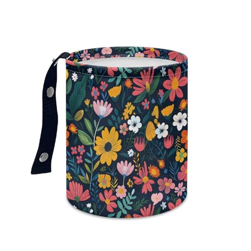 Image of Colorful Flowers Car Garbage Trash Can Collapsible Trash Rubbish Bin Basket Bag Portable Cup Holder Organizer with Strap Universal Storage Bag Box for Front Seat, Back Seat, Headrest