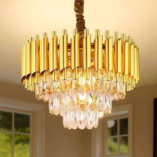 Image of Murphy Radiance 400mm Golden Crystal Pendant Light | Modern Round Ceiling Chandelier for Living Room, Bedroom & Hall (Antique Gold, 3-in-1 LED Plate - Warm White, Natural White, Cool White)
