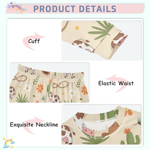 Pajama Sets Long Sleeve Cow Cactus Flower Rope Soft Comfy Sleepwear 2 Piece PJS 3-8T4