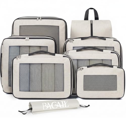 Image of BAGAIL Compression Packing Cubes for Travel Essentials, 8 Set-Beige | Tear‑Resistant Fabric, Space‑Saving, Visible Mesh Panel, Vibrant Color Choices, Travel, Camping & Cruise, Home Storage