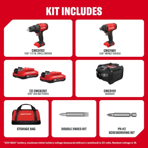 Image of CRAFTSMAN V20 Cordless Drill Driver and Impact Driver, 2 x 2Ah Lithium Ion Battery and Charger, Two Power Tools, 1700 RPM 1 /2 In. Electric Drill, 1800 Torque 1 /4 Impact Screwdriver (CMCK201D2)