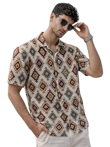 Image of Veirdo Men's Printed Camp Collar Shirt, Oversized Fit, Short Sleeve Casual Resort Wear, Button-Down Summer Shirt for Men, Cotton Fabric (Sizes S to 2XL)