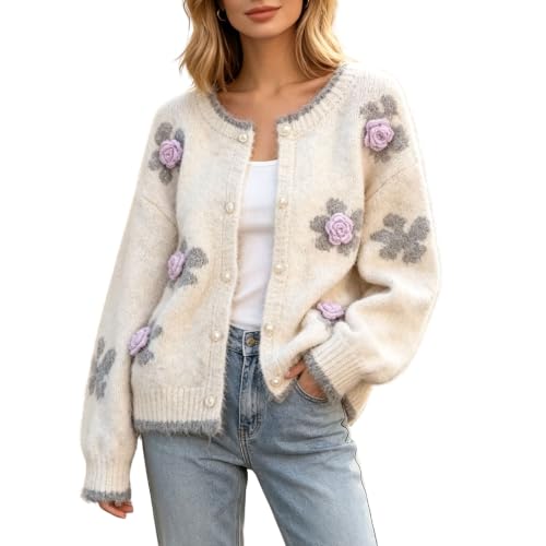Image of FindThy Women's Kawaii 3D Floral Cardigan Long Sleeve Crewneck Knit Cardigan Sweaters