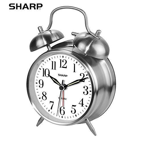 Sharp Twin Bell Alarm Clock - Loud Alarm - Great For Heavy Sleepers - Battery Operated Quartz Analog Clock (Brushed Silver) #TOP2