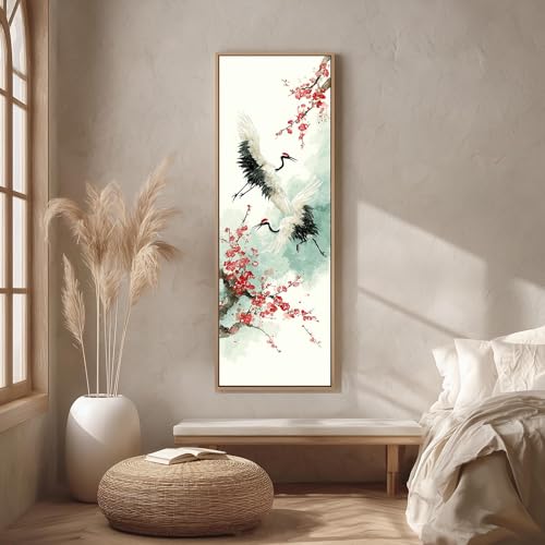 Peinture japonaise grue oiseau asiatique toile verticale 30x90 - 2