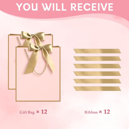 Image of JMANNI 12 Pcs Wedding Paper Gift Bags with Handle,13 inch Medium Thank You Gifts Bags with Ribbon Bow Bridal Shower Gifts for Baby Shower Graduation Holiday Birthday Party Supplies Mothers Day(pink-gold)