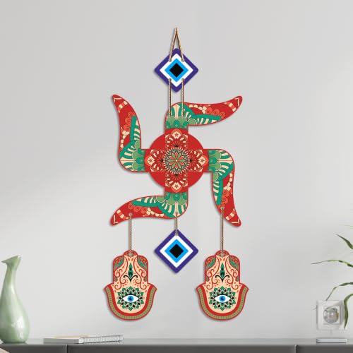 Image of Artvibes Colorful Swastik Wall Hanging with Evil Eye & Hamsa Hand | Decorative Vastu Decor for Home Entrance and Temple | Symbol of Prosperity | Good Fortune | Positive Energy Art Gift (WH 85105N)