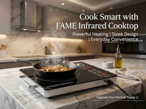 Image of Fame Infrared Cooktop 2200W Electric Stove with Grill Rack | Crystal Glass Top | Fast Heating | Tandoor Style Cooking | Compatible with All Utensils | Portable Design | Temperature Control
