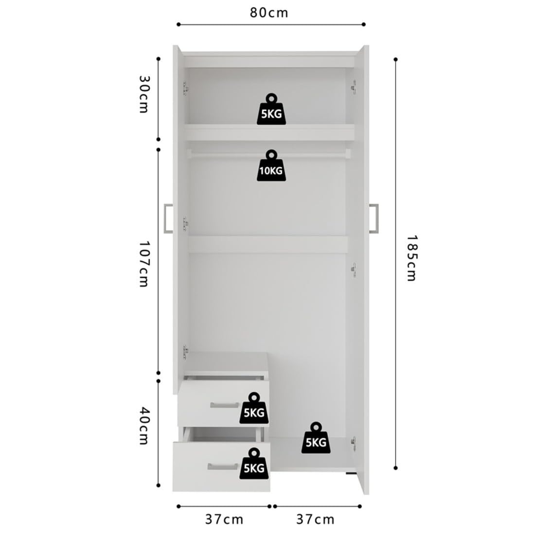 Armadio a 2 ante con specchio TOM - Dimensioni H185 x L80 x P52 cm - Colore Bianco - Stile Design