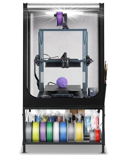 Image of 3D Printer Table with Enclosure - Heavy Duty 3D Printing Workstation with 2-Tier Filament Storage Rack, Waterproof & Constant Temperature Cover with LED Light Fits Most FDM Printers