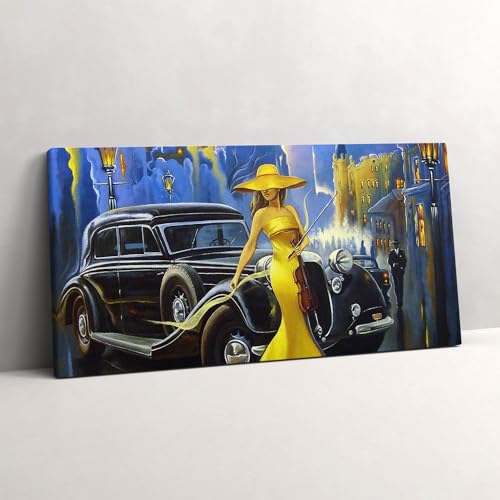 Peinture murale grand tableaux 140x70cm style rétro dame au violon