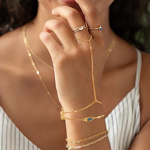 Birthstone Hand Chain Bracelet for Women Gold Dainty Finger Ring Bracelet Hand Chain Stackable Ring Link Chain Charm Bracelet Set Hand Jewelry Gifts Trendy4