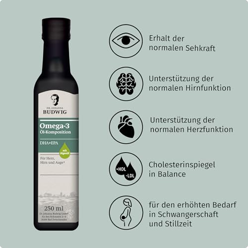 Foto von Dr. Budwig Premium Omega 3 DHA + EPA Öl Pur (250ml) - Bio Leinöl & Algenöl - hochdosiertes DHA & EPA - vegan - flüssig - laborgeprüft - auch für Kinder - Alternative Fischöl & Omega 3 Kapseln