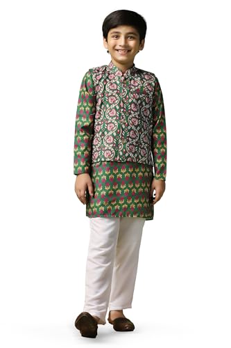 Image of Fashion Dream Boy's Cotton Blend Printed Kurta Pyjama And Jacket Set|Kurta And Payjama Set