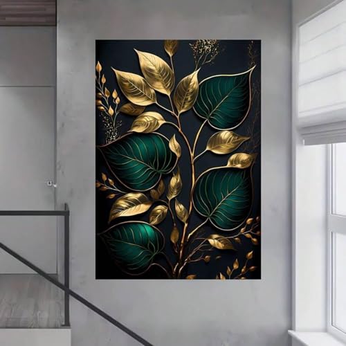 Lienzo de hojas verdes oscuras y doradas XBTYKPB, arte mural de gran sofisticación para estancias 4