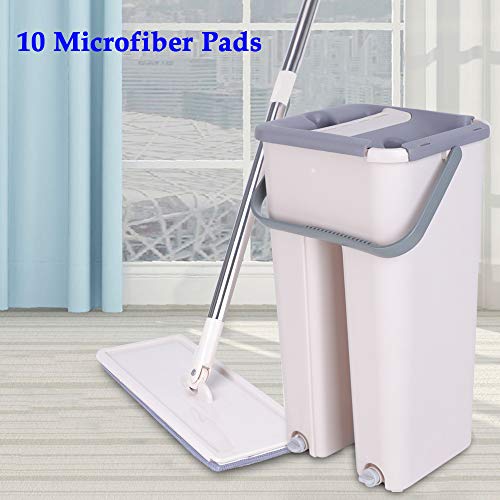 TESUGN Wischmopp Set mit Eimer, Bodenwischer mit Teleskopstiel, 10 Mikrofaserpad und Eimer mit Zwei Kammern, feucht und trocken,schnell und reinigungsstark – Bild 3