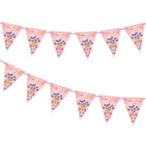 2Packs Happy Mothers Day Banner,WORLDS BEST MUM Medal Mothers Day Bunting,12 Pcs Mothers Day Decorations Pink Triangle Flags- Garland Decoration Mothers Day Pink Party Supplies
