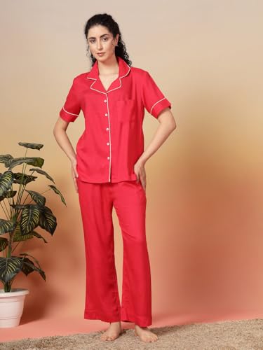 Image of Night Suit for Women's| Solid Night Dress| Half Sleeves Shirt and Pajama Set