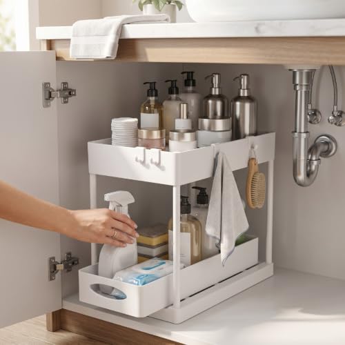 Organizador Bajo Fregadero Luocute, 2 Niveles Extraíbles (Blanco) | Cajones Deslizantes de Plástico ABS, para Cocina y Baño miniatura 2