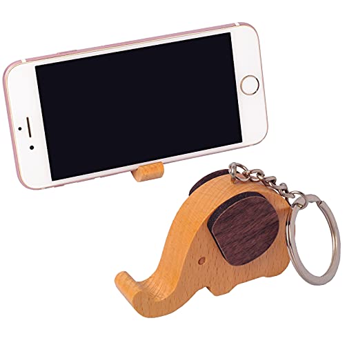 SMARELECP Wooden Phone Stand Elephant Keychain,2 in 1 Portable Multi-function Smartphone Desk Holder with Keyring