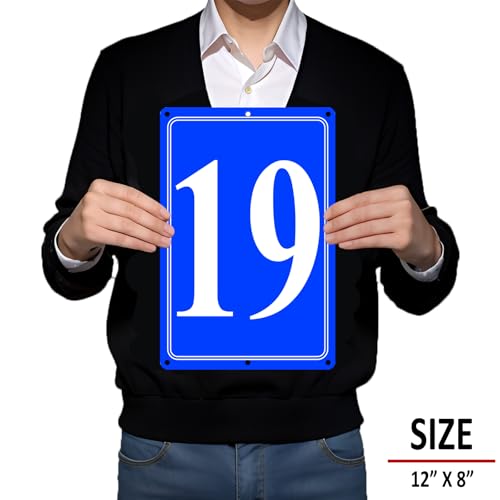 Image of Premium Aluminum Number Signs 19, Metal 12 inch X 8 inch Blue Numbered Signs Outdoor for Parking Lots, Floor, Dock, Court, Aisle, Field, High Visibility, No Fade, Weather-resistant