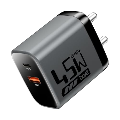 Image of Boat 45W GaN Charger USB Type C, Ultra-Fast Dual Port Fast Charging, Compact & Lightweight, Supports iPhone, Android, iPad, Tablet (Ash Grey)