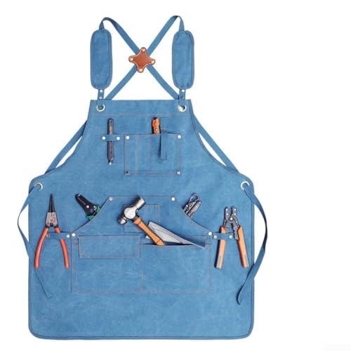 Tablier de travail imperméable en toile épaisse avec fond fendu résistant à l'usure, adapté pour le travail du bois, le jardinage et les travaux d'électricien avec plusieurs poches à outils (bleu