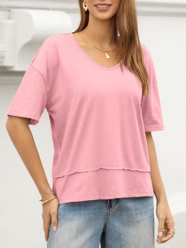 Image of UNCLECAT Womens V Neck T Shirts Summer Trendy Loose Fit Casual Tops Tees | Short sleeve, Spliced hem, Flowy graphic tees,Solid color cute basic t-shirts