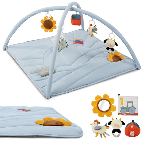 Image of Beautiful Baby Play Gym and Tummy Time Mat - Soft Mat with 5 Farm Toys Creates The Perfect Activity Area for Your Girl/Boy - Stylish Infant Floor Playmat Fits Nicely with Any Playroom Decor