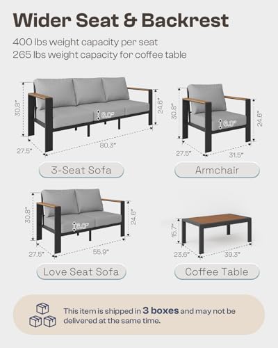 Aluminum Outdoor Patio Furniture Set with Coffee Table, 4 Piece Patio Conversation Sets with Washable Thick Cushions, Outdoor Sectional Furniture Set for Poolside, Balcony, Deck, Gray - Image 3