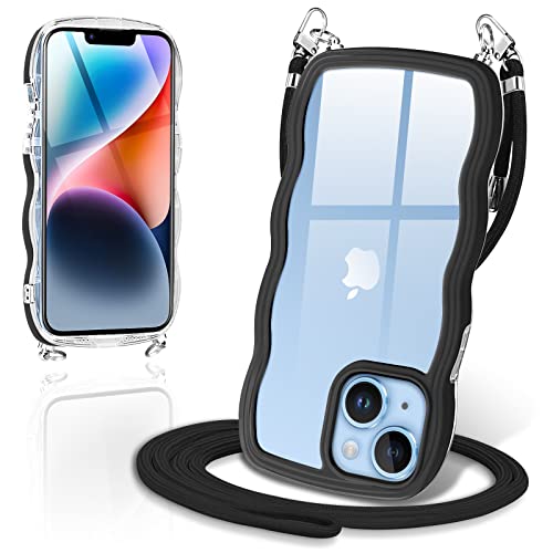 iPhone14 / iphone13 用 ケース ショルダー クリア カバー いPhone14 スマホケース 創意 個性 肩掛け 首掛け 斜めかけケース 可愛い かわいい 韓国 透明 TPU 薄型 耐衝撃 アイフォン14/13(ブラック)