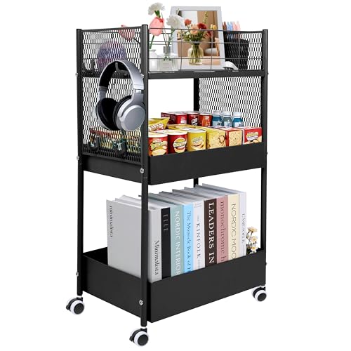 3-Tier Metal Rolling Storage Cart with Hooks