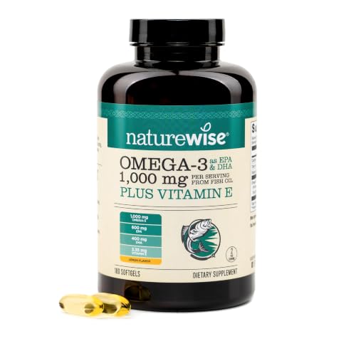 NatureWise Extra-Strength Omega 3 Fish Oil Supplement - 1000mg per Serving - 600 EPA & 400 DHA and Vitamin E - Support for Heart & Brain Health - Lemon Flavor Non-GMO - 180 Softgels[3-Month Supply]