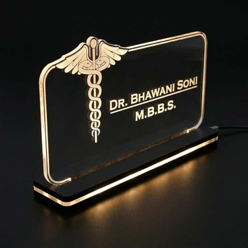 Image of Customized Laser Marking Signage Name Plate For Table Stand, For Doctor, For CA, For Dentist, For Office, Warm White Light (6x8 Inch)