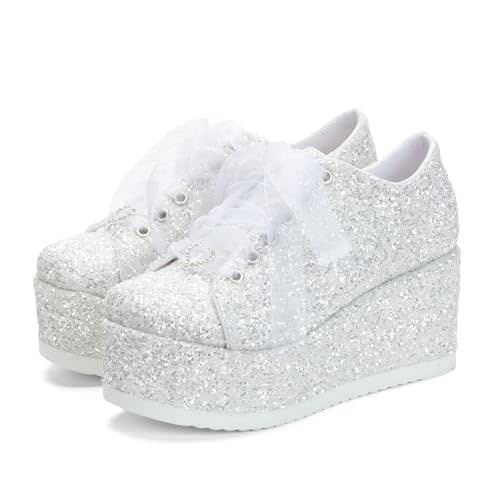 Amazon.com: White Bride Shoes Wedding for Shoes, White Glitter Wedge ...