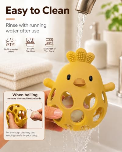 Image of Tinabless 2-in-1 Baby Teether Rattle Toy, Easy Grip Silicone Teething Toy for Babies 3-12 Months, BPA-Free Sensory Chew Toy for Sore Gums, Infant Shower Gift (Yellow w /Rattle)