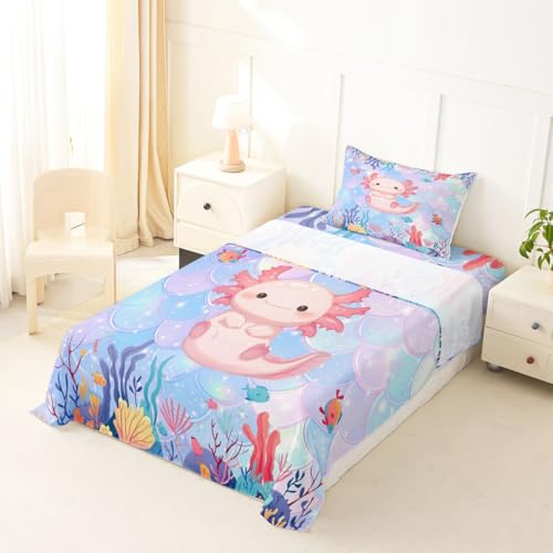Image of jejeloiu Cute Axolotl Bed Sheets Set Twin Size Kawaii Ocean Sealife Bed Set for Kids Boys Girls Cartoon Salamander Deep Pocket Fitted Sheet Reptile Animal Breathable Soft Lightweight Microfiber