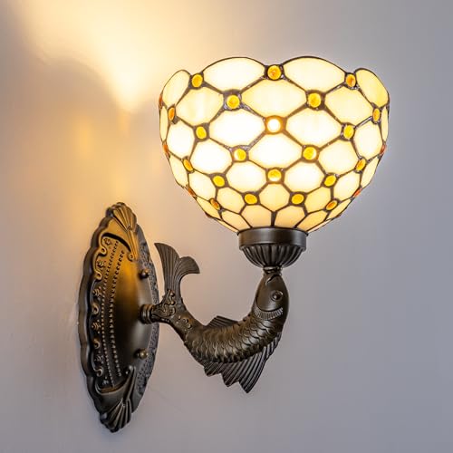 Image of Tiffany Style Wall Sconce White Amber Beads Stained Glass Lamp with 8-inch Lampshade for Bedroom Hallway Living Room Home Office