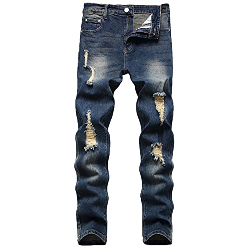 Maiyifu-GJ Ripped Slim Fit Jeans for Men Distressed Destroyed Straight Leg Denim Pants Retro Hip Hop Washed Jean Trousers (Dark Blue,29)