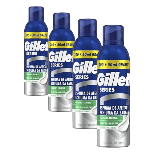 Gillette Series Espuma De Afeitar Calmante Con Aloe Vera Para Maquinilla De Afeitar Para Hombre, 250ml (Paquete de 4)