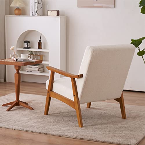 Indoor Lounge Chair, Teddy Velvet Armchair With Solid Wood Armrest And Legs, Upholstered Single Sofa Chair, Leisure Accent Chair Reading Chair For Living Room, Bedroom, Aaprtment, Creamy-White #TOP3