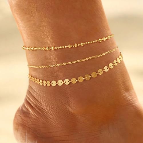 Dremmy Studios Simple Gold Chain Anklet,14k Gold/Silver Plated Dainty Disc Evil Eye Summer Beach Ankle Bracelet Jewelry for Women4