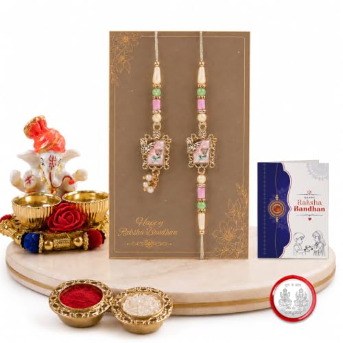 Image of Oblivion Designer Handcrafted Multicolor Lumba Rakhi Combo for Brother Bhaiya with Ganesha Thali, Roli Tikka, Silver Color Pooja Coin & Greeting Card | Raksha Bandhan Festival Gift Set | Pack of 5