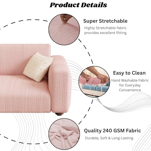 Image of Lukzer 2 Seater Pastel Pink Zigzag Pattern Sofa Cover | 240 GSM Universal Stretch Fit Jacquard Fabric Couch Protector | Fully Covered Anti Slip & Washable Sofa Cover (140-180cm /SC-078-02)